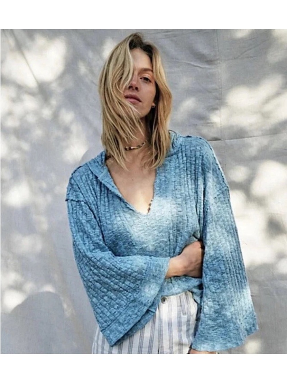 Free People Oversized Baja Babe Hooded Textured V-Neck Bell Sleeve Top XS